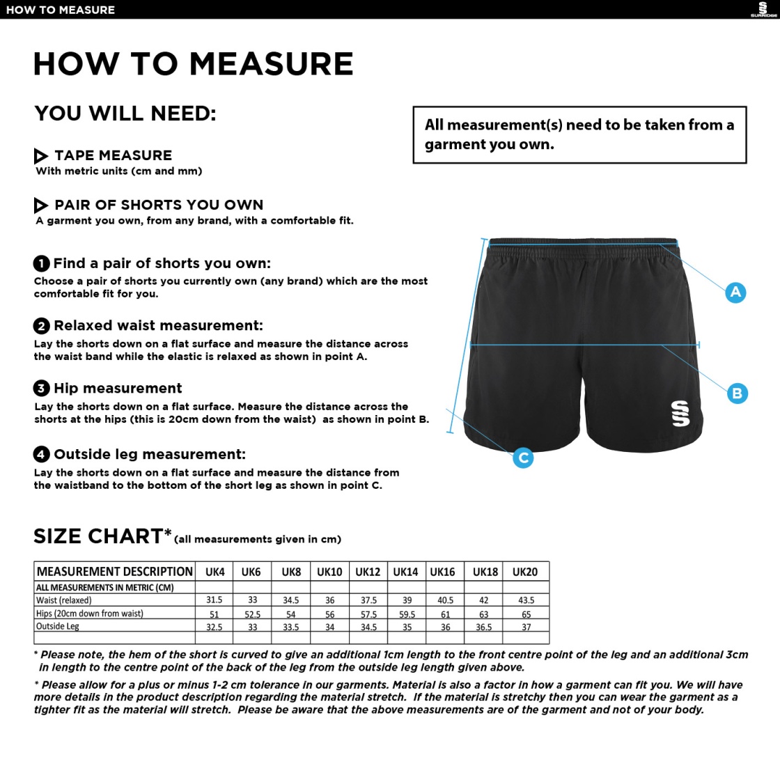 Healy Sports - Performance Gym Short - Navy - Women's Fit - Size Guide